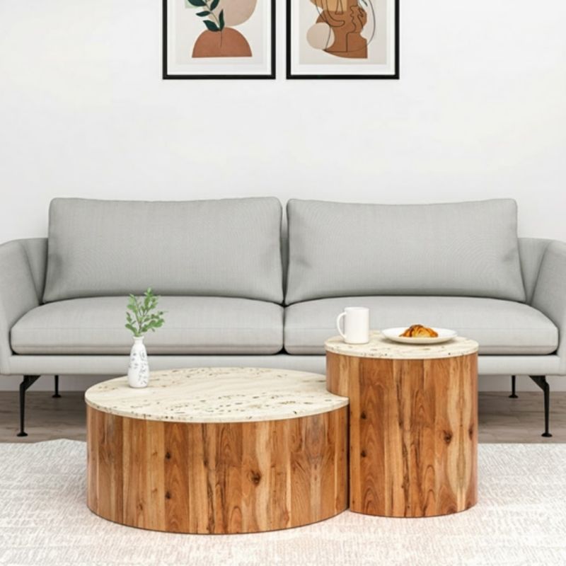 1014 Coffee Table In Travertine Stone And Mango Wood - Image 1