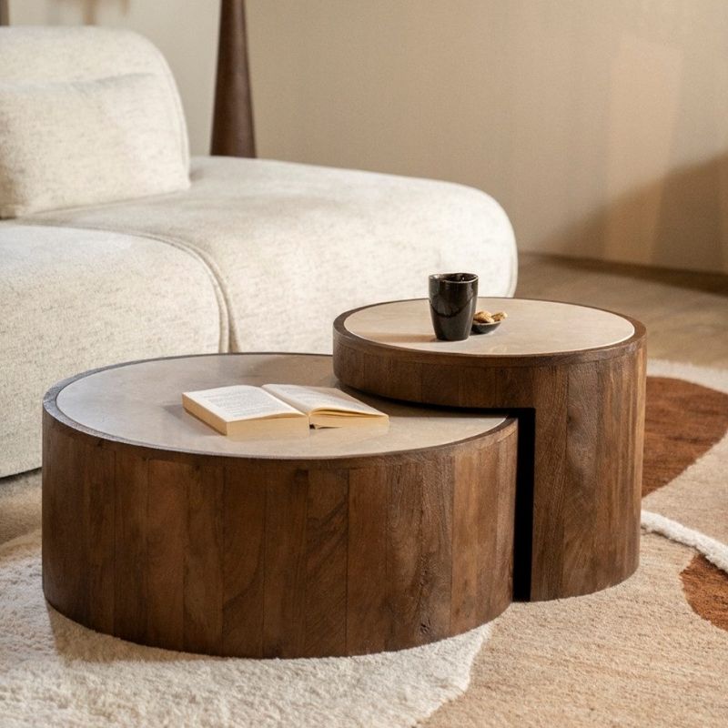 1015 Coffee Table In Travertine Stone And Mango Wood - Image 1