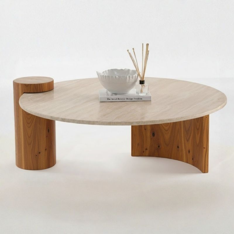 1023 Coffee Table In Travertine Stone & Acacia Wood - Image 1