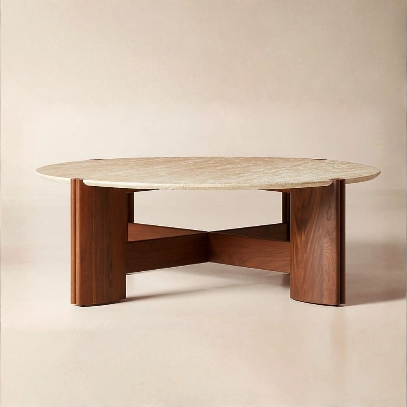 1025 Coffee Table In Travertine Stone & Acacia Wood - Image 1