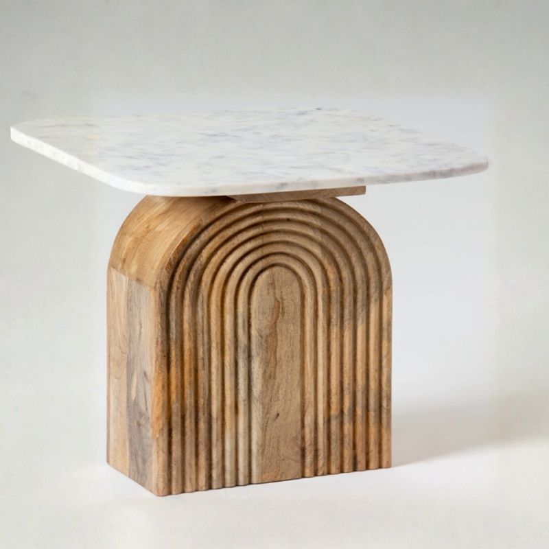 1026 End Table In White Marble & Wood Flute Base - Image 1