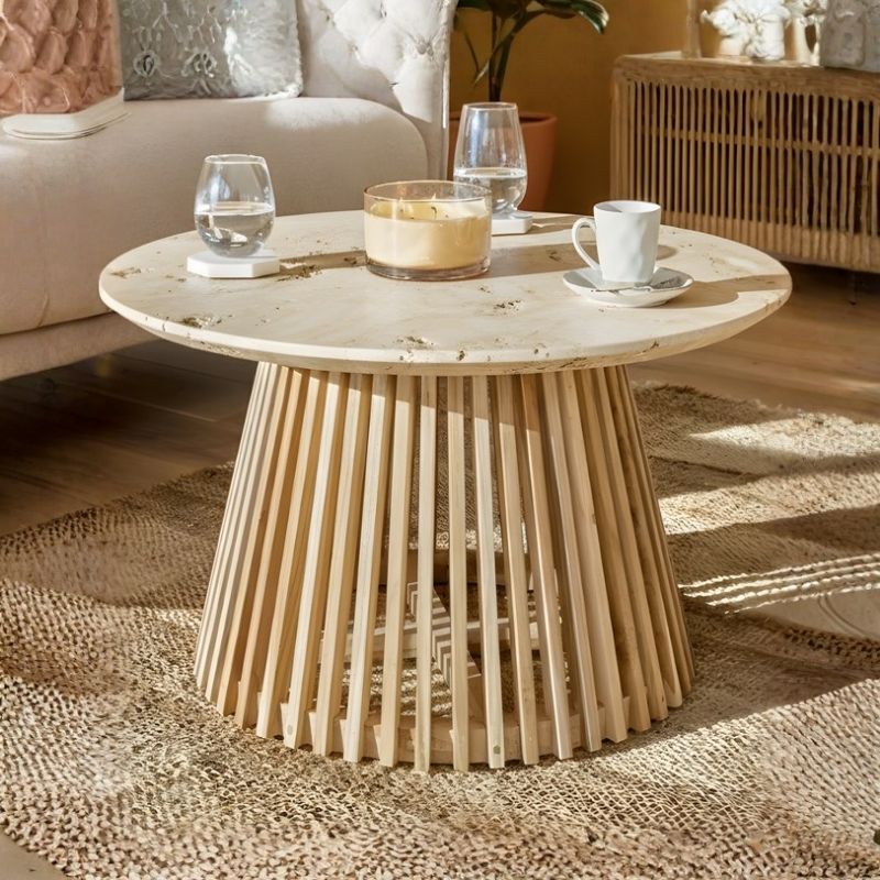 1028 Coffee Table In Travertine Stone And Acacia Wood - Image 1