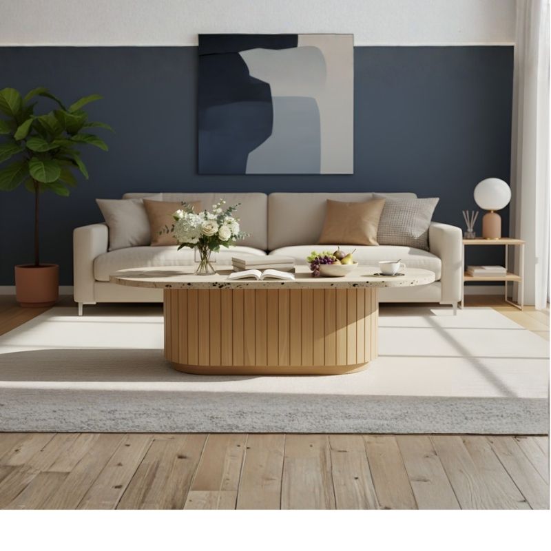 1029 Coffee Table In Travertine Stone And Acacia Wood - Image 1