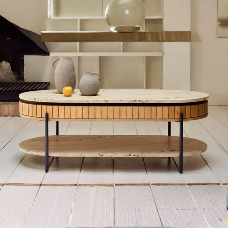 1030 Coffee Table In Travertine Stone And Acacia Wood - Image 1