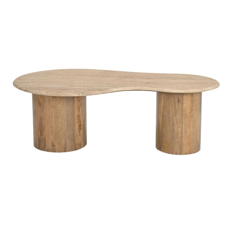 1033 Coffee Table In Travertine Stone & Mango Wood Base - Image 1