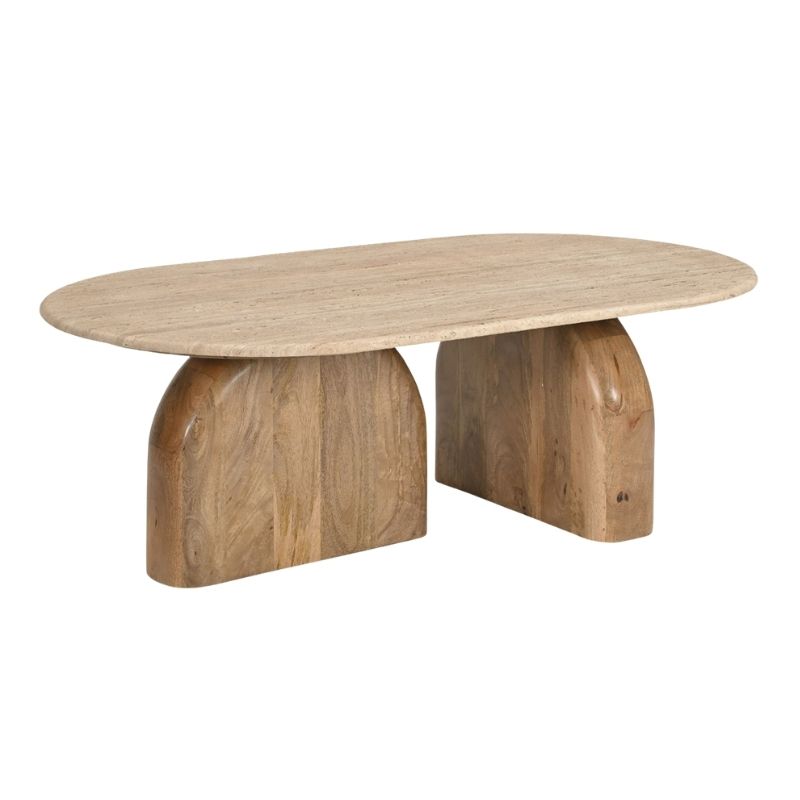 1034 Coffee Table In Travertine Stone & Mango Wood Base - Image 1
