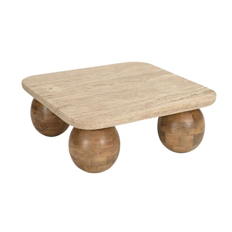 1036 Coffee Table In Travertine Stone & Mango Wood Base - Image 1