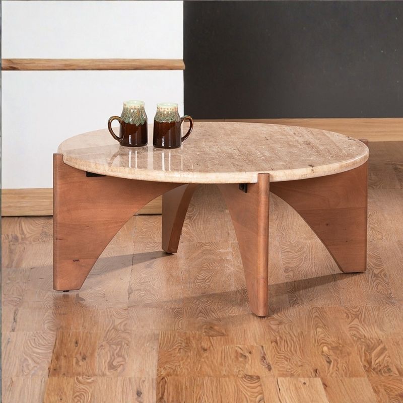 1050 Coffee Table In Travertine Stone & Mango Wood Base - Image 1
