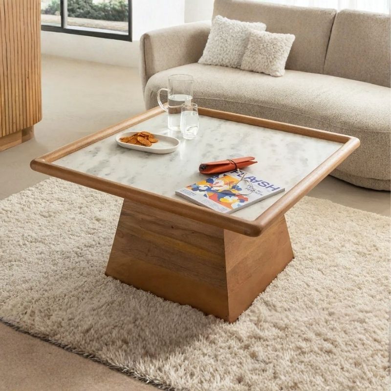 1053 Coffee Table In White Marble & Mango Wood Base - Image 1
