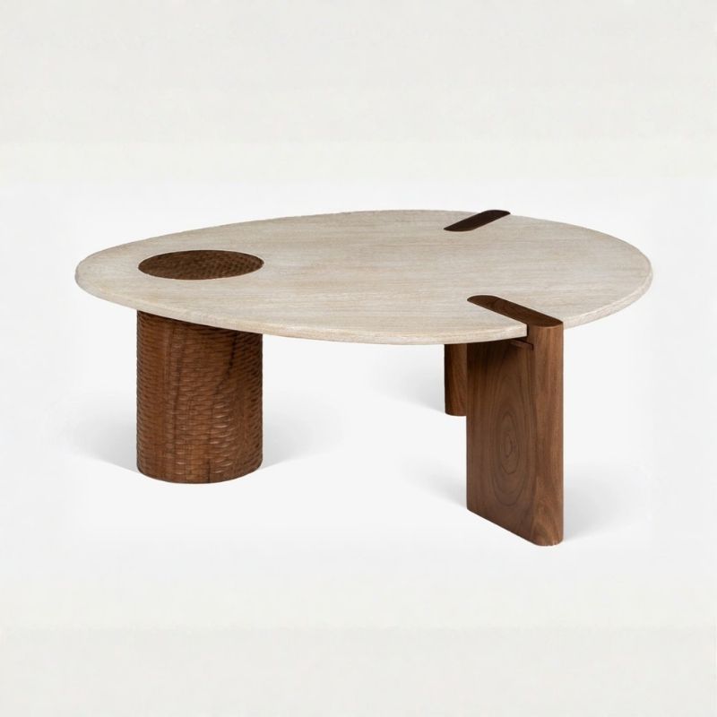 1054 Coffee Table In Travertine Stone & Mango Wood Base - Image 1