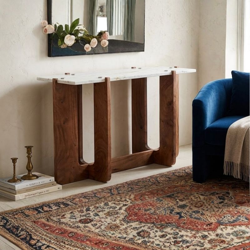 1062 Console Table In White Marble & Mango Wood Base - Image 1